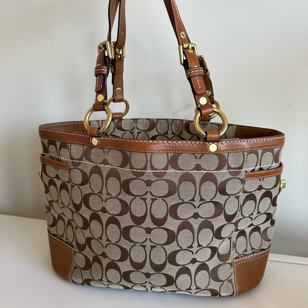Coach Brown and Tan Signature Tote with Leather Trim 11237